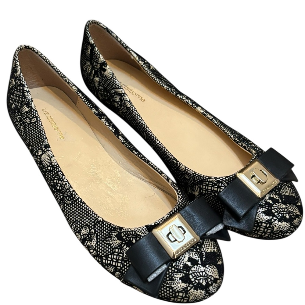 Liz Claiborne Black Gold Lace Dressy Ballet Flats
Gold Metal Detail Bow Size 7